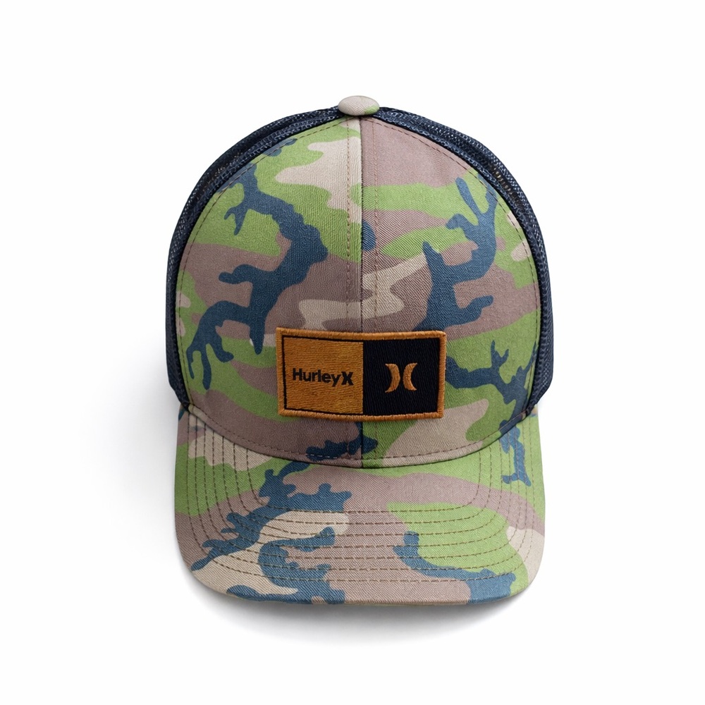 Hurley Green Brown Camo Trucker Snapback Hat Leather Logo Patch One Size